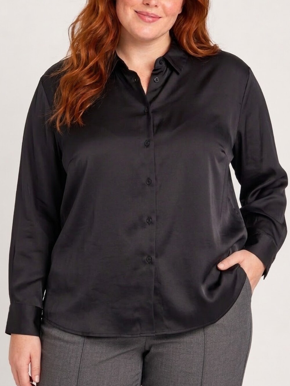 Jones New York JNY Black Satin Button-Down Blouse Womens 2X Long Sleeve Collared